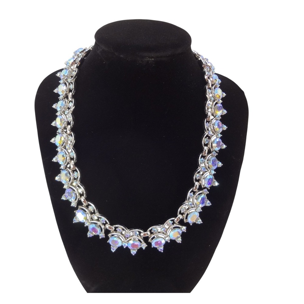 Vintage Trifari Aurora Borealis Rhinestone Collar Necklace Silver Hook